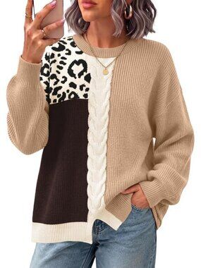 Women's Khaki NEW Oversized Fall Fashion Clothes Contrast Cable Trendy Sweaters